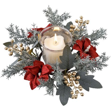 Couronne De Noël Artificielle - Fleurs Rouges Et Baies Vertes - 25 X 9 Cm - Pour Table Centre De Table Porte Cabinet Fenêtre - 1 Pièce (1/5)