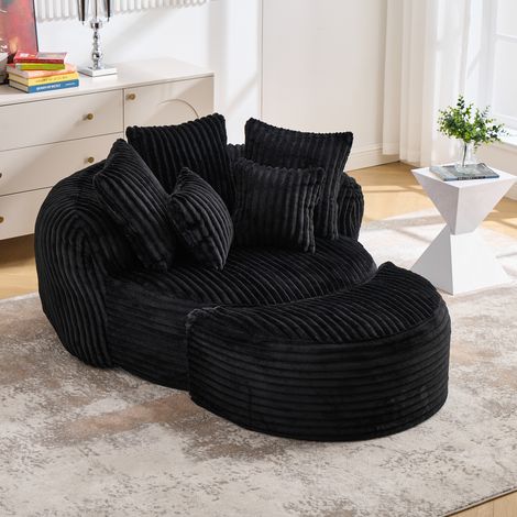 Canapé lounge rond avec repose-pieds cocooning en velours côtelé grand de lecture confortable sans structure siège relax pour salon et chambre Beige (1/5)