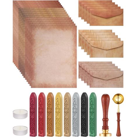 Lot de 42 feuilles de papier à lettre vintage et enveloppes avec papier à lettre, cire à cacheter, cuillère à cire, tampon arbre de vie et bougies chauffe-plat (1/5)