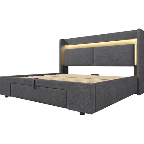 Letto contenitore 140x200 cm in lino grigio con LED, USB/USB-C e testiera (1/5)