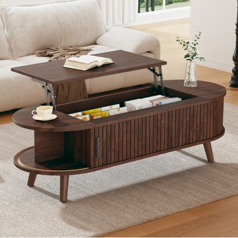 Table basse relevable 120 x 50 x 39,5 cm avec rangement caché, couleur noyer, MDF, REDOM (1/5)