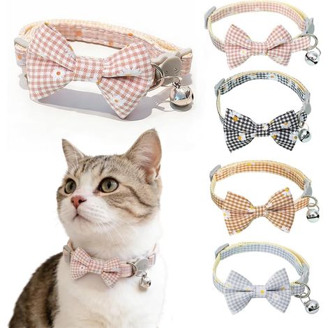 Lot de 4 colliers pour chat avec nœud papillon - Motif marguerite - Réglable de 19 à 30 cm - Avec clochettes amovibles - Avec boucle de sécurité (rose + bleu + orange + noir). (1/5)