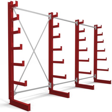 Rayonnage à bras en porte-à-faux STIER, simple, 3 travées avec 6 niveaux décroissants 3900x2000x500 mm, rouge feu