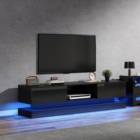 Meuble TV en panneaux de particules noir brillant 160x35x40,5 cm avec LED, 2 tiroirs et passe-câbles (1/5)