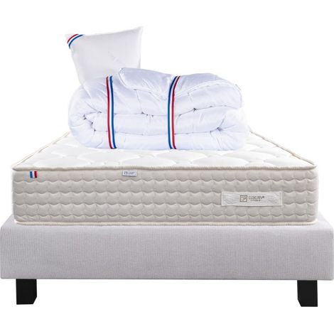 Ensemble Matelas Sublime, 20 cm, mousses haute densité, ferme, face été/hiver + sommier gris ep20cm + oreiller + couette, 90x190cm (1/5)