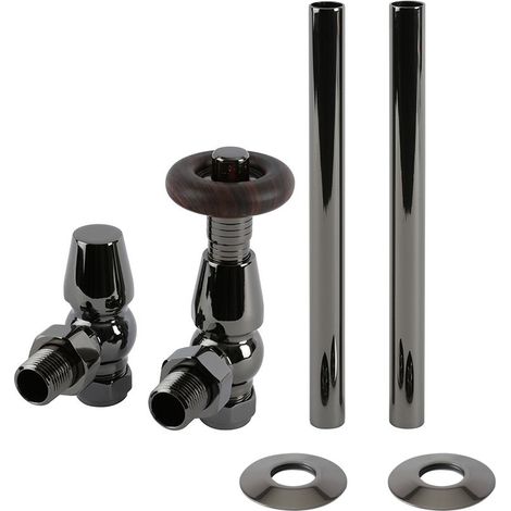 Milano Windsor Angled Radiator Heated Towel Rail Thermostatic Lockshield Valve and Pipe Connector Kit - Black Nickel
