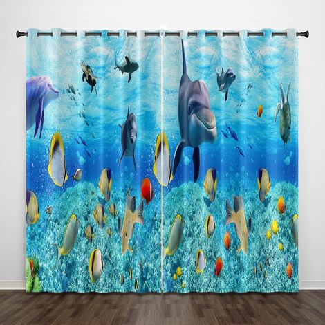 Rideaux occultants exquis, requin océan bleu, poisson clown, 150 x 160 cm, rideaux à œillets pour chambre à coucher, super doux, isolation thermique, rideaux assombrissants pour salon, chambre d'enfan (1/5)