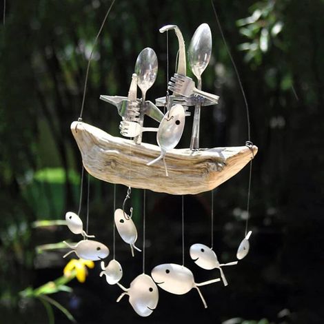 Cloche Éolienne Sculpture Pêcheur Métal Recyclé Et Bois Décoration Jardin Balcon Intérieur Extérieur 1 Pièce (1/5)