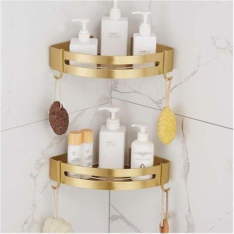 Étagères flottantes d'angle pour salle de bain - Étagère murale en aluminium brossé doré - Support pour shampooing, cosmétiques, gel douche - Antirouille - Solide et compacte - Or brossé 2 (1/4)