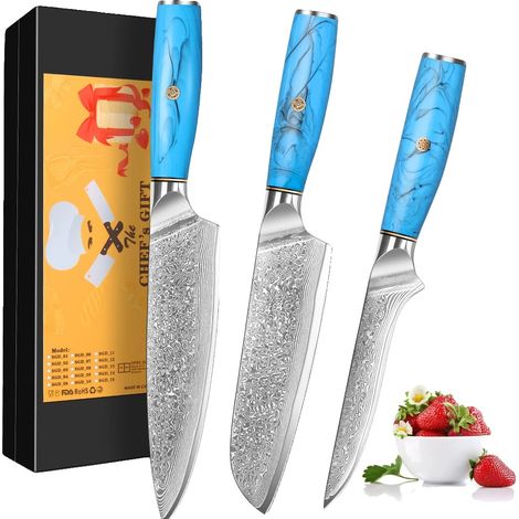 Juego de cuchillos de cocina, acero de Damasco, mangos ergonómicos, 3 piezas. (1/2)