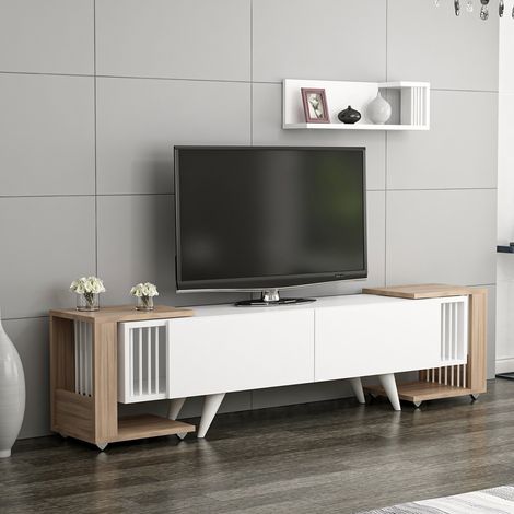 Fernsehtisch mit Regal und 2 Beistelltischen Glostrup Eicheoptik / Weiß [en.casa]