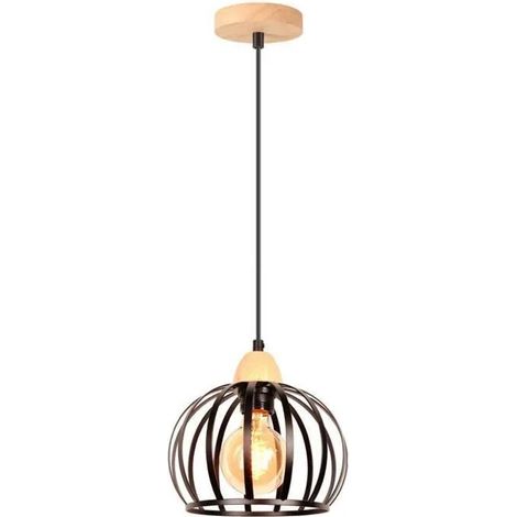 Suspension Luminaire Vintage E27 Lustre Industriel en Bois Métal 20cm Lampe Abat-Jour Design Cage Rétro pour Chambre Salon (1/5)
