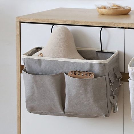 Organisateur de lit - Sac de rangement suspendu avec crochet pour table de chevet - Organisateur multifonctionnel pour téléphone, livres, télécommande, chambre d'étudiant ou dortoir - Gris 18,5 x 30 c (1/5)