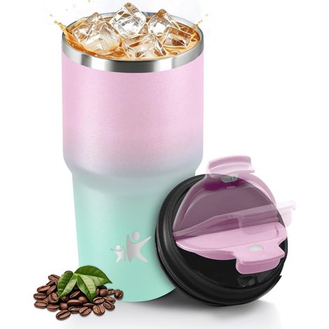 Mug Isotherme 600 ml, Réutilisable, Tasse Isotherme pour Café, Acier Inoxydable 304, Emporter, Anti-fuite, Double Paroi, Étanche Gobelet de Voyage pour Café Chaud et Froid, Rose pâle et vert pâle (1/5)