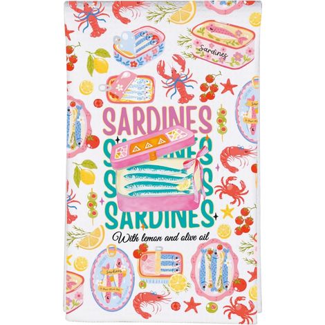 Torchon de cuisine en étain, sardines avec citron et huile d'olive, torchon à vaisselle fruits de mer, cadeau de sardines, cadeau de pendaison de crémaillère (1/5)