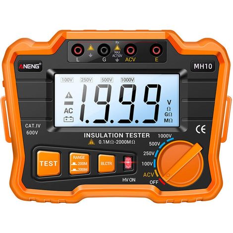 VURAHOME – MH10 Digitales Isolationswiderstandsmessgerät 0,1 MΩ–2000 MΩ mit LCD-Hintergrundbeleuchtung, Ausgangsspannung 100/250/500/1000 V, 750 V Wechselstrom, inklusive wiederverschließbarem Beutel