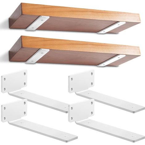 Lot de 4 - Support étagère flottante - Fixation murale métal - Montage invisible pour rangement salon cuisine bureau - Blanc - 25cm (1/5)