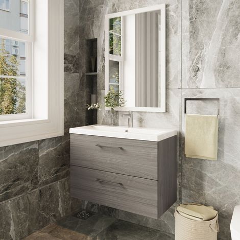 Nuie Arno Solace Oak Woodgrain 800mm Wall Hung 2 Drawer Vanity Unit and Curved Ceramic Basin - ARN2526G (1/5)