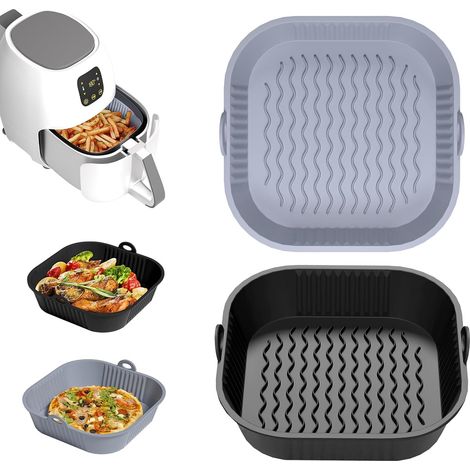 Accesorios de silicona para freidora de aire, 2 bandejas de silicona de 21,5 cm, molde para cesta, revestimientos de silicona para freidora de aire, microondas y horno (gris y negro) (1/4)