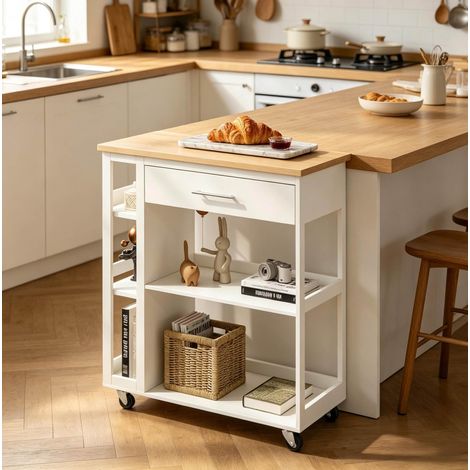 Carrello da cucina 73x38x88 cm in MDF bianco effetto legno con contenitore FloraGrace (1/5)