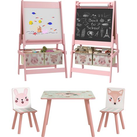 ZONEKIZ conjunto para niños incluye 1 mesa con 2 sillas infantiles y 1 caballete 3 en 1 con cestos para dormitorio sala de juegos rosa (1/5)