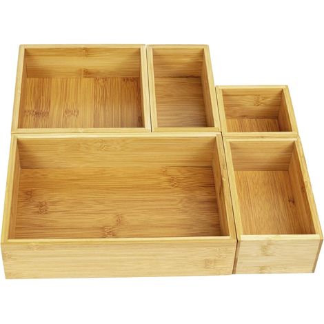 Lot de 5 organiseurs de tiroir en bambou, 5 tailles, bacs de rangement pour cuisine, salle de bain, bureau, chambre à coucher et salon (1/5)