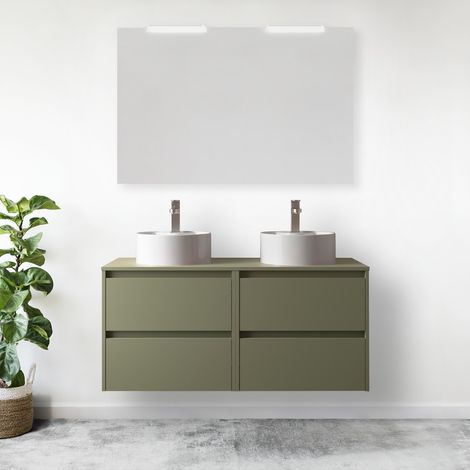 Mobile bagno sospeso 120 cm 4 cassetti in legno verde satinato con lavabo da appoggio - Nova - Con specchio e doppia lampada LED