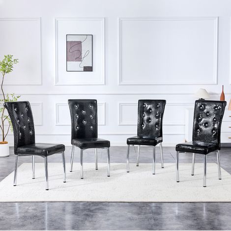 Sedia da pranzo in metallo e PVC nero, effetto pelle alligatore, dettagli cristallo, robusta (1/5)