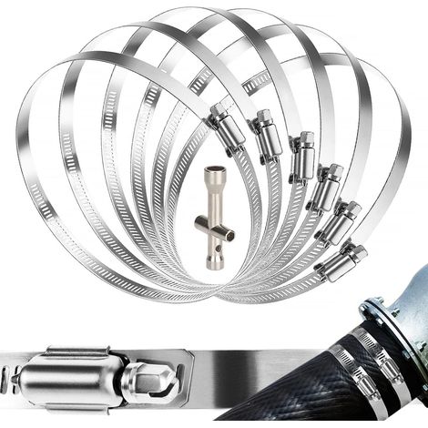 6 Pièces De Colliers De Serrage Métalliques, Colliers De Serrage En Acier Inoxydable 304, Colliers De Serrage Réglables d'Un Diamètre De 78-101mm Pour La Fixation Des Tuyaux, avec petite clé (1/5)