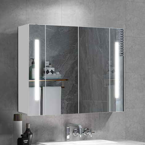 LED Illuminated Bathroom Mirror Cabinet 2 Door Wall Mounted Bathroom Cabinet with 3-Color Touch Switch Control and Storage Shelves Bathroom Wall Cabinet for Living room Toilet and Washroom (1/5)
