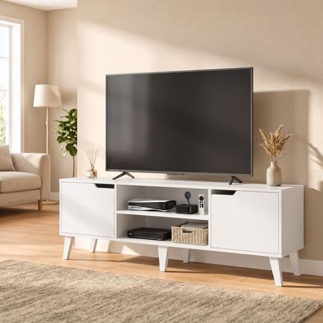 Meuble TV, Étagère Réglable, pour Télévision jusqu'à 65 Pouces, Longueur 147 cm, pour Salon, Chambre, Blanc (1/5)
