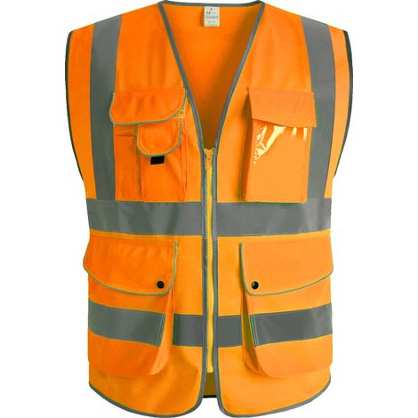 9 poches de classe 2"gilet de sécurité haute visibilité devant avec des bandes réfléchissantes, （orange-L）