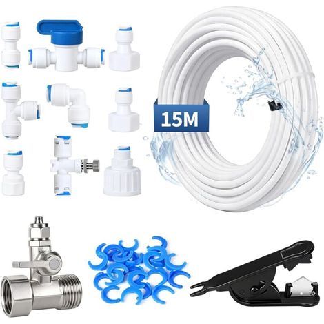 15M Kit de Tuyau d’Alimentation en Eau 1/4" Universel, 11pcs Ro Raccord de Filtre à Eau avec Vanne Arrêt, Coupe-Tube pour Frigo Americain Glacon et Eau, Osmoseur Réfrigérateur Aquarium