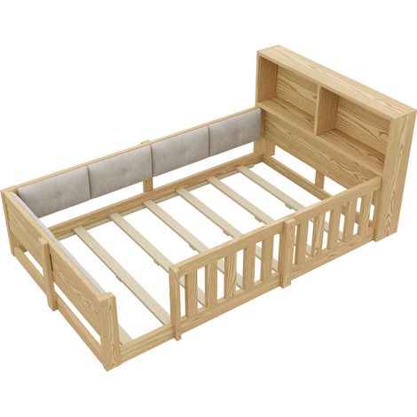 Cama infantil 90 x 200 cm con barandilla de seguridad y cabecero acolchado natural MODENUIT (1/5)