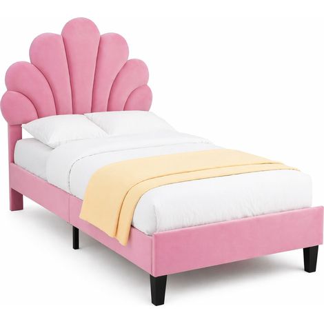 Lit rembourré enfant 90 x 200 cm en velours rose, tête de lit fleur, sommier à lattes et structure robuste, pour chambre ado ou chambre d'amis - CHICFURN (1/5)