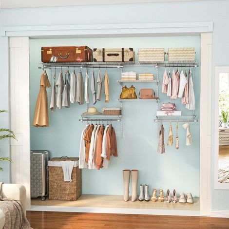 GOPLUS Lot de Penderie Murale de 122-244 cm, Porte Vêtements Dressing DIY avec Étagères Ouvertes, Barres de Suspension et Ajustement Intelligent, Armoire Ouverte pour Entrée, Couloir, Dressing (Blanc) (1/5)