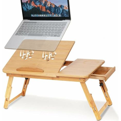Bamboo Adjustable Laptop Tray, Portable Folding Laptop Table with Drawer and Cooling Holes, Sofa Bed, Work Lunch Tray (1/5)