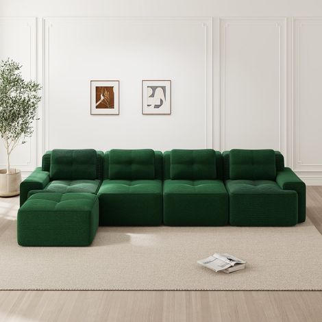 Canapé droit modulable-L avec chaise longue-velours côtelé confort type nuage-4 places-sans accoudoirs-antidérapant-vert-382x177x69cm (1/5)
