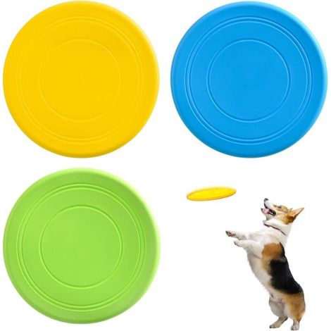 Lot de 3 frisbee pour chien - Disque volant pour chien - Soucoupe volante en caoutchouc naturel souple - Pour s'amuser en extérieur - 17,8 cm (jaune, vert, bleu)