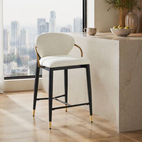 MODFU – Lot 2 tabourets bar chenille beige – Dossier et repose-pieds – Structure métal noir et doré – Beige (1/5)