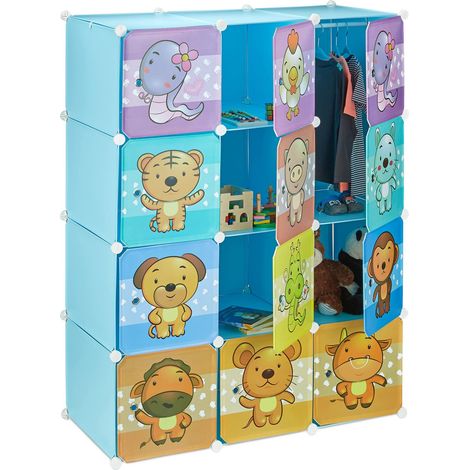 Étagère Rangement Enfants casier modulable Plastique Animaux penderie Armoire Portes Tringle, Bleu (1/5)