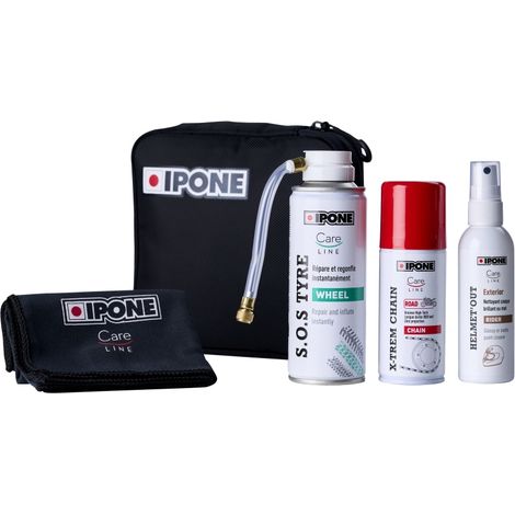 Kit de viaje Ipone de 4 piezas: limpiador de neumáticos SOS, grasa y paño. (1/2)