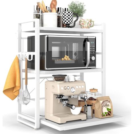 Étagère de cuisine à 3 niveaux - Réglable en hauteur et extensible avec tiroir - En acier au carbone - Avec crochets et ventouses de renfort - Étagère de boulangerie (blanc)