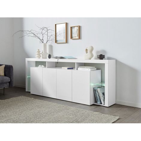 Credenza con 4 Ante e Ripiani in Vetro a Giorno 220x40x80 cm Essential 3A Bianco Lucido (1/5)