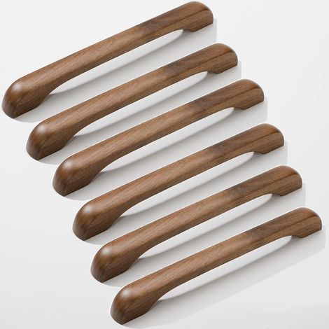 6 Poignées de Meuble en Bois Verni, Poignées Arc pour Placards et Tiroirs de Cuisine – Lot de 6, Noyer, Entraxe 192 mm (1/5)