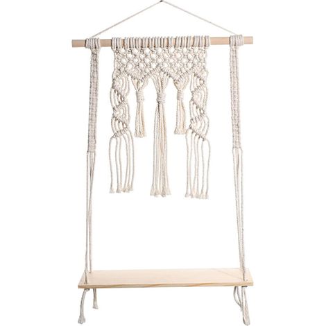 Étagère murale en macramé avec tablette bois, format compact 10 × 35 cm