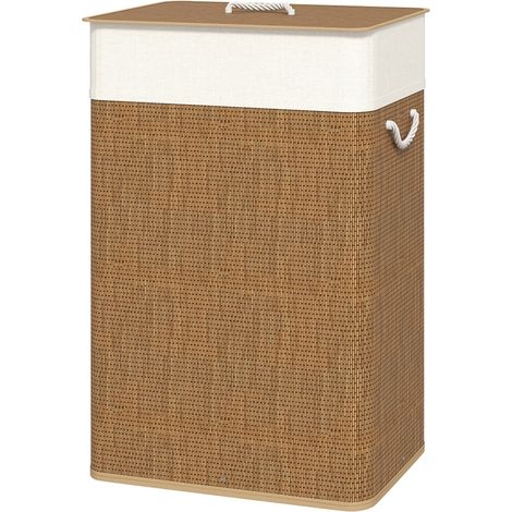 Cesto para ropa de bambú con tapa 72 L con saco extraíble y asas de cuerda marrón (1/5)