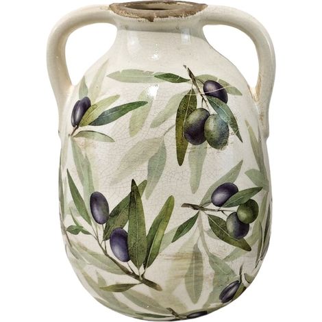 Jarrón con asas de cerámica craquelada beige olivo 21 cm (1/5)