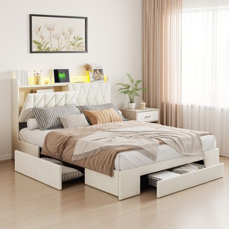 Polsterbett 160x200 cm mit Stauraum, Doppelbett mit LED und USB-Ladeanschlüssen,  Modernes Jugendbett, Bettgestell mit Kopfteil und Lattenrost, Velour Beige, Ohne Matratze