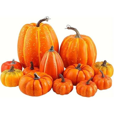 12 Lot de Orange Grande Citrouilles Artificielles de Tailles Assorties pour Décoration de Table,Automne,Vacances,Halloween, Thanksgiving (1/4)